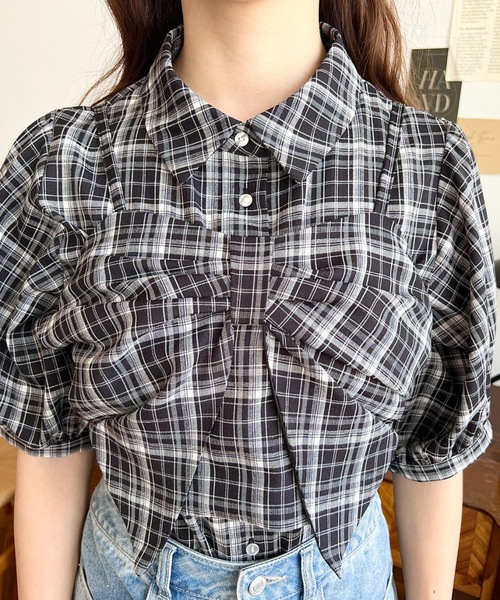 セール】リボンビスチェセット半袖チェックシャツブラウス