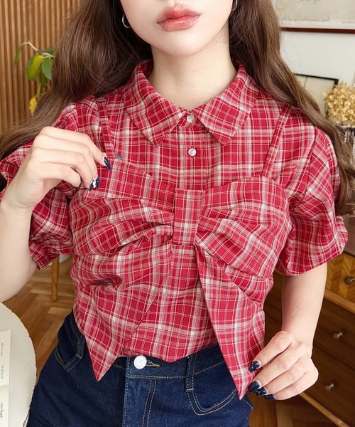オンブレチェック　シャツ　リボンビスチェ　セット moment+ ブラウス シャツ リボンビスチェセット半袖チェック