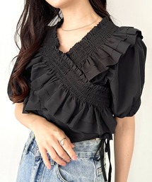 フリル付き黒オフショルダートップス オフショル オフショルダー」に該当するトップス（ブラック/黒色