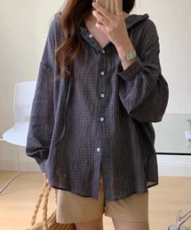 オーバーサイズフード付きチェックシャツ