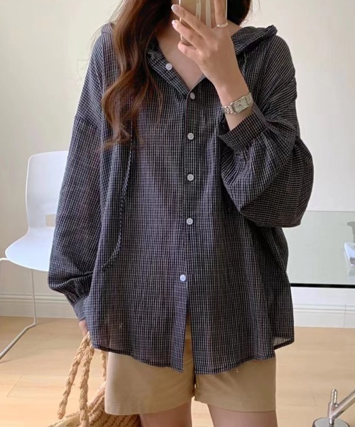 新品タグ付 パシオーネ カフネ チェック シャツ ブラウン Mサイズ フォロー割 ミエット miette フード付きオーバーサイズチェックシャツ