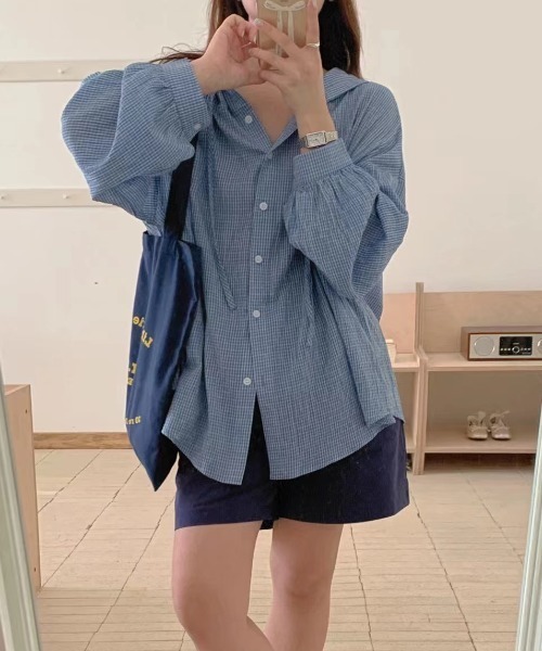 yuue' ( wear )（ユーイ）の「オーバーサイズフード付きチェックシャツ（シャツ/ブラウス・レディース・ブラック/ホワイト/ブルー・FREE）」の15枚目の写真