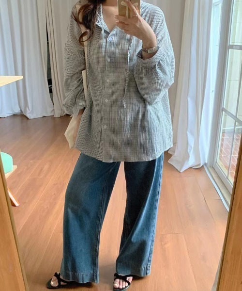 yuue' ( wear )（ユーイ）の「オーバーサイズフード付きチェックシャツ（シャツ/ブラウス・レディース・ブラック/ホワイト/ブルー・FREE）」の7枚目の写真