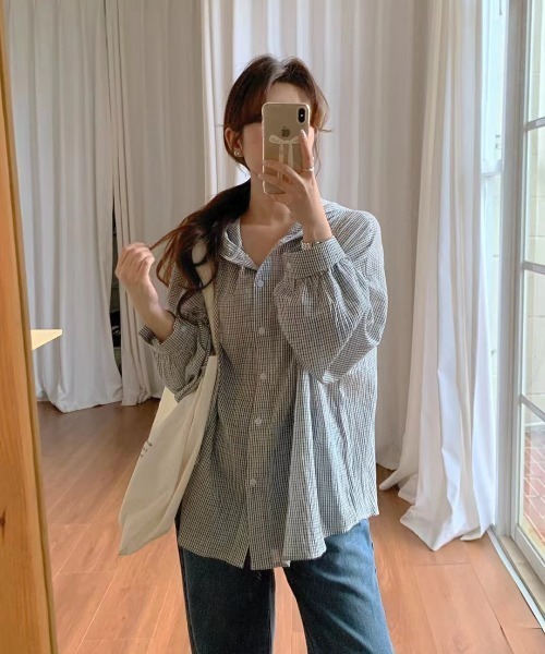 yuue' ( wear )（ユーイ）の「オーバーサイズフード付きチェックシャツ（シャツ/ブラウス・レディース・ブラック/ホワイト/ブルー・FREE）」の5枚目の写真