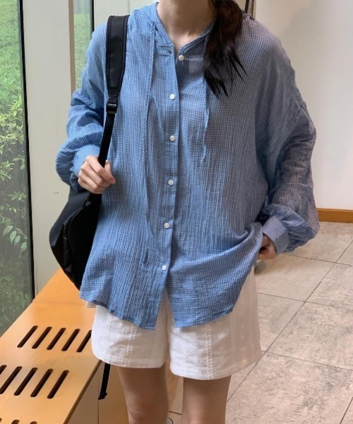 yuue' ( wear )（ユーイ）の「オーバーサイズフード付きチェックシャツ（シャツ/ブラウス・レディース・ブラック/ホワイト/ブルー・FREE）」の12枚目の写真