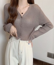 透かしランダムリブVネックショート丈カーディガン