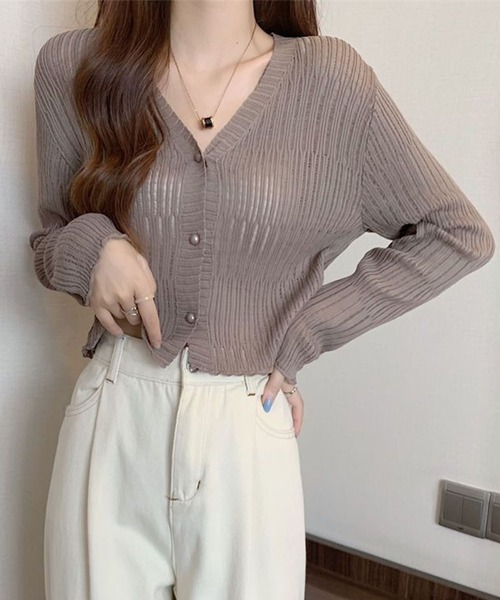 GLAMOROUS JANE(グラマラスジェーン)の「透かしランダムリブVネックショート丈カーディガン(カーディガン/ボレロ・レディース・ブルー/ブラック/パープル/ベージュ/ホワイト/グリーン/ブラウン/ピンク・FREE)」の4枚目の写真