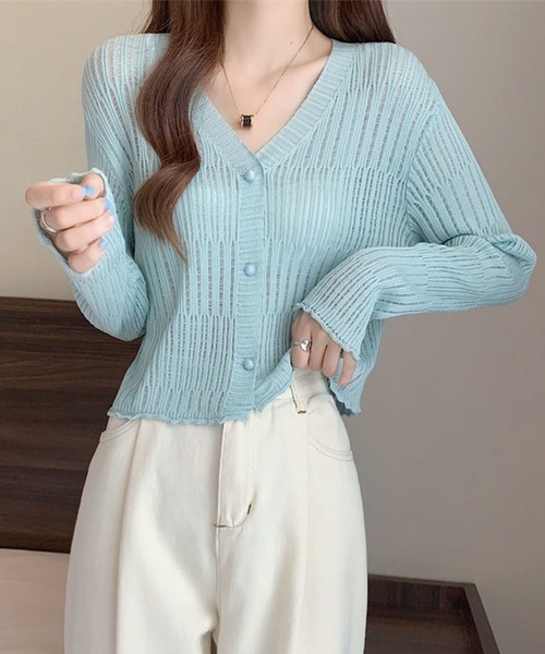 GLAMOROUS JANE(グラマラスジェーン)の「透かしランダムリブVネックショート丈カーディガン(カーディガン/ボレロ・レディース・ブルー/ブラック/パープル/ベージュ/ホワイト/グリーン/ブラウン/ピンク・FREE)」の6枚目の写真