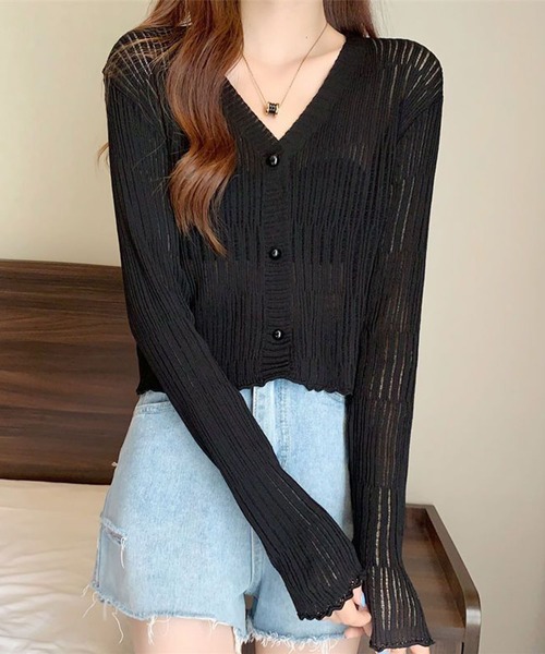 GLAMOROUS JANE(グラマラスジェーン)の「透かしランダムリブVネックショート丈カーディガン(カーディガン/ボレロ・レディース・ブルー/ブラック/パープル/ベージュ/ホワイト/グリーン/ブラウン/ピンク・FREE)」の10枚目の写真