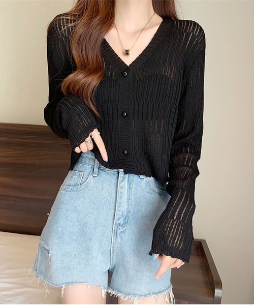 GLAMOROUS JANE(グラマラスジェーン)の「透かしランダムリブVネックショート丈カーディガン(カーディガン/ボレロ・レディース・ブルー/ブラック/パープル/ベージュ/ホワイト/グリーン/ブラウン/ピンク・FREE)」の11枚目の写真