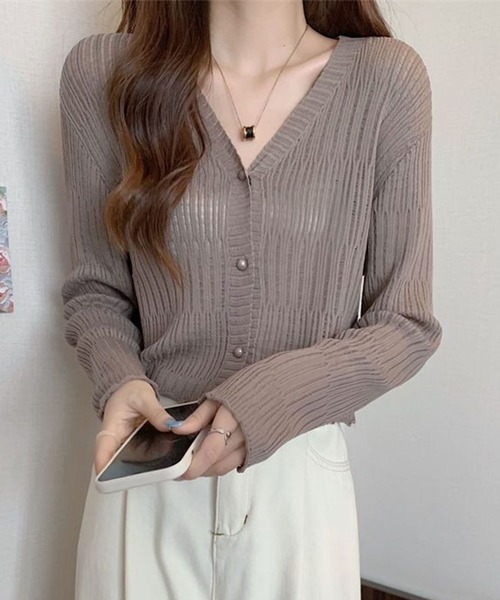 GLAMOROUS JANE(グラマラスジェーン)の「透かしランダムリブVネックショート丈カーディガン(カーディガン/ボレロ・レディース・ブルー/ブラック/パープル/ベージュ/ホワイト/グリーン/ブラウン/ピンク・FREE)」の12枚目の写真
