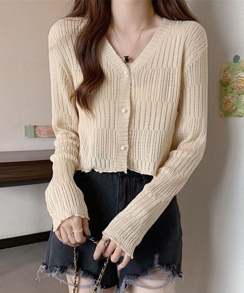 GLAMOROUS JANE(グラマラスジェーン)の「透かしランダムリブVネックショート丈カーディガン(カーディガン/ボレロ・レディース・ブルー/ブラック/パープル/ベージュ/ホワイト/グリーン/ブラウン/ピンク・FREE)」の15枚目の写真