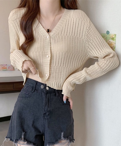GLAMOROUS JANE(グラマラスジェーン)の「透かしランダムリブVネックショート丈カーディガン(カーディガン/ボレロ・レディース・ブルー/ブラック/パープル/ベージュ/ホワイト/グリーン/ブラウン/ピンク・FREE)」の17枚目の写真