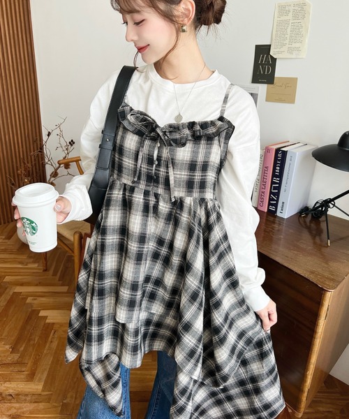 セール】イレギュラーヘムチェック柄キャミワンピース（ワンピース