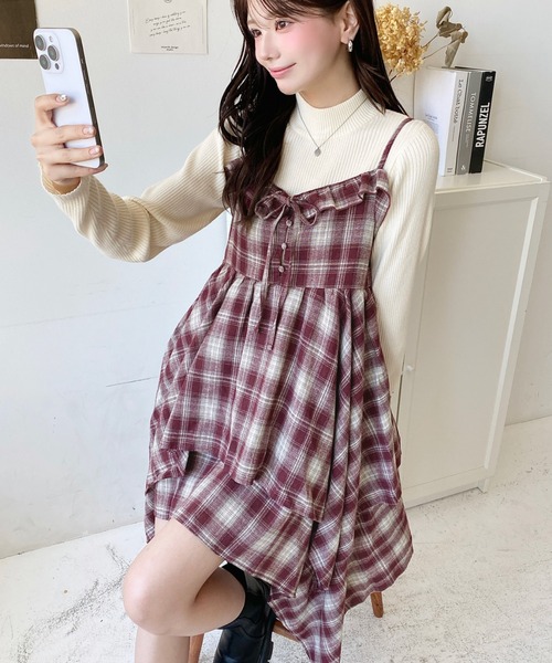 セール】イレギュラーヘムチェック柄キャミワンピース（ワンピース