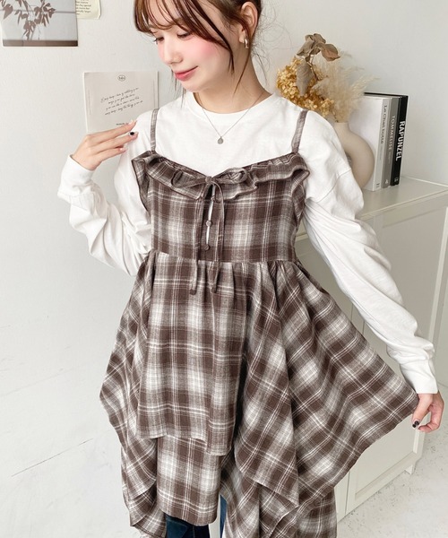 セール】イレギュラーヘムチェック柄キャミワンピース（ワンピース