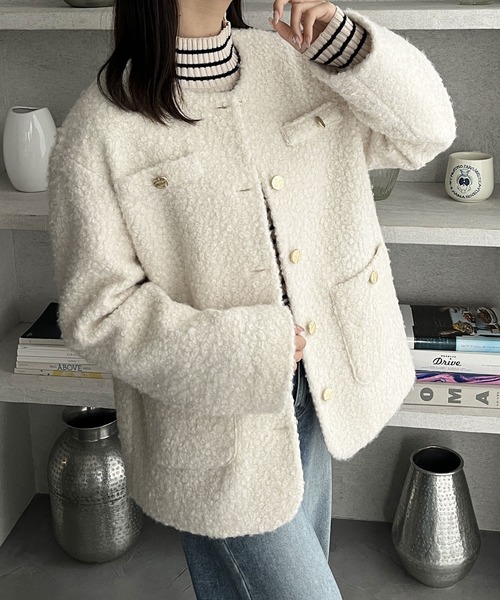 セール】リングウールライクゴールドボタンノーカラージャケットコート