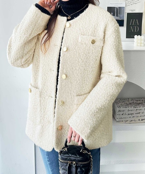 GeeRA（ジーラ）の「リングウールライクゴールドボタンノーカラージャケットコート（ノーカラージャケット・レディース・ブラック/アイボリー・MEDIUM/LARGE/X-LARGE）」の8枚目の写真