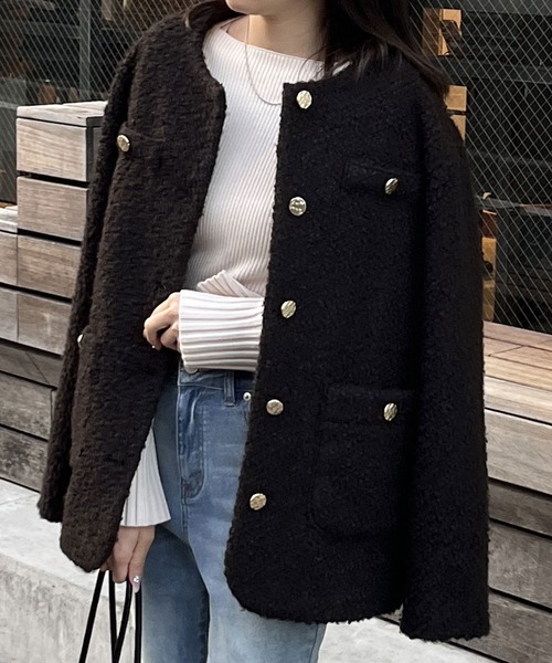 GeeRA（ジーラ）の「リングウールライクゴールドボタンノーカラージャケットコート（ノーカラージャケット・レディース・ブラック/アイボリー・MEDIUM/LARGE/X-LARGE）」の12枚目の写真