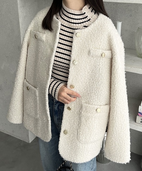 GeeRA（ジーラ）の「リングウールライクゴールドボタンノーカラージャケットコート（ノーカラージャケット・レディース・ブラック/アイボリー・MEDIUM/LARGE/X-LARGE）」の20枚目の写真