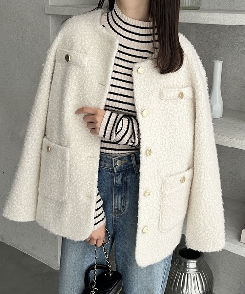 GeeRA（ジーラ）の「リングウールライクゴールドボタンノーカラージャケットコート（ノーカラージャケット・レディース・ブラック/アイボリー・MEDIUM/LARGE/X-LARGE）」の21枚目の写真