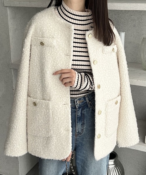 GeeRA（ジーラ）の「リングウールライクゴールドボタンノーカラージャケットコート（ノーカラージャケット・レディース・ブラック/アイボリー・MEDIUM/LARGE/X-LARGE）」の22枚目の写真