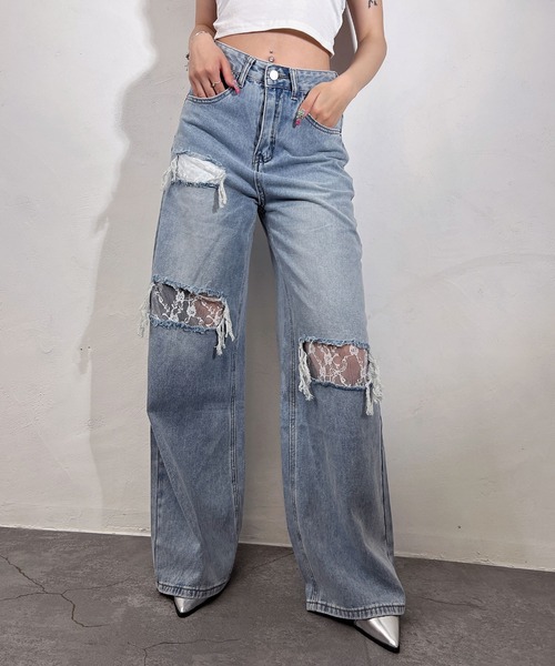 BLACKQUEEN(ブラッククイーン)の「【BLACKQUEEN】レースダメージデニムパンツ(デニムパンツ・レディース・ブルー/ブラック・S/M)」の2枚目の写真