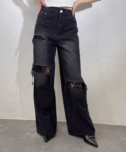 BLACKQUEEN】レースダメージデニムパンツ（デニムパンツ）｜BLACKQUEEN