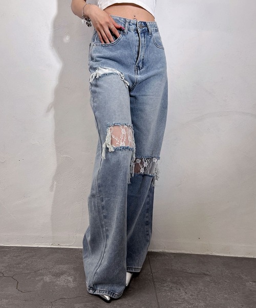 BLACKQUEEN(ブラッククイーン)の「【BLACKQUEEN】レースダメージデニムパンツ(デニムパンツ・レディース・ブルー/ブラック・S/M)」の3枚目の写真
