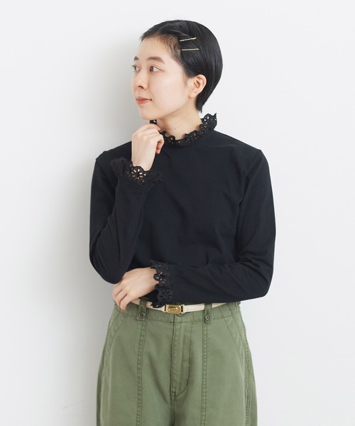 Dot&Stripes CHILD WOMAN(ドットアンドストライプス チャイルドウーマン)の「30/-天竺 コットンレースインナー(Tシャツ/カットソー・レディース・ホワイト/ブラック・FREE)」の2枚目の写真