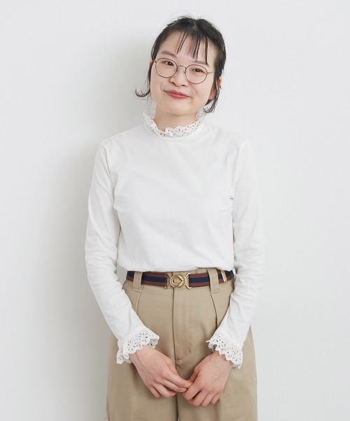 Dot&Stripes CHILD WOMAN(ドットアンドストライプス チャイルドウーマン)の「30/-天竺 コットンレースインナー(Tシャツ/カットソー・レディース・ホワイト/ブラック・FREE)」の8枚目の写真