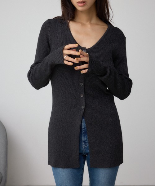 AZUL by moussy(アズールバイマウジー)の「Vネックリブニットカーディガン(カーディガン/ボレロ・レディース・ブラック/ダークグリーン/グレー・FREE)」の1枚目の写真