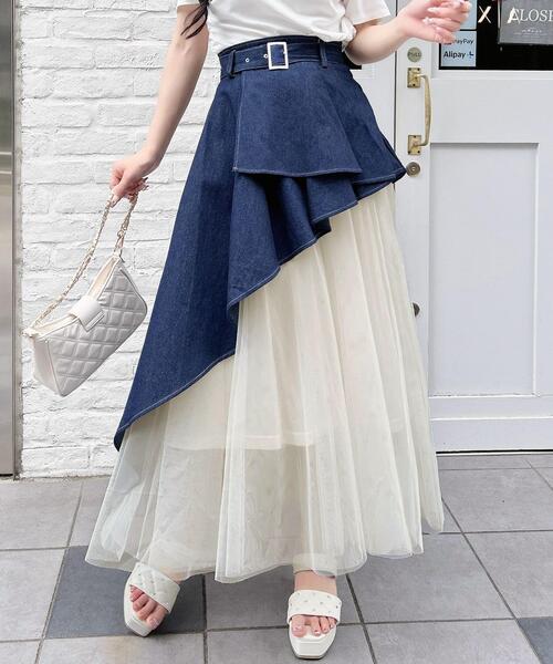INGNI(イング)の「共ベルト付チュール切替アシメスカート(スカート・レディース・ブルー系6/ネイビー系/ブラック×ブラック/ベージュ系/グレー系その他6・FREE)」の4枚目の写真