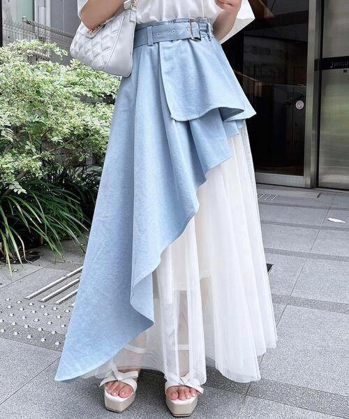 INGNI(イング)の「共ベルト付チュール切替アシメスカート(スカート・レディース・ブルー系6/ネイビー系/ブラック×ブラック/ベージュ系/グレー系その他6・FREE)」の5枚目の写真