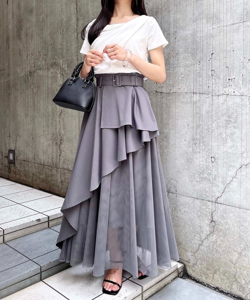 INGNI(イング)の「共ベルト付チュール切替アシメスカート(スカート・レディース・ブルー系6/ネイビー系/ブラック×ブラック/ベージュ系/グレー系その他6・FREE)」の2枚目の写真