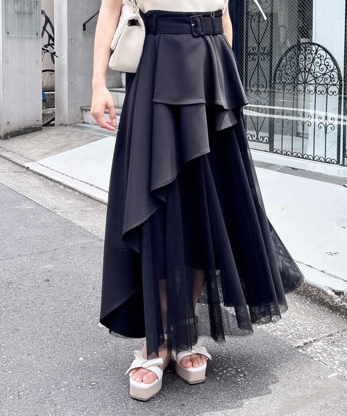 INGNI(イング)の「共ベルト付チュール切替アシメスカート(スカート・レディース・ブルー系6/ネイビー系/ブラック×ブラック/ベージュ系/グレー系その他6・FREE)」の7枚目の写真