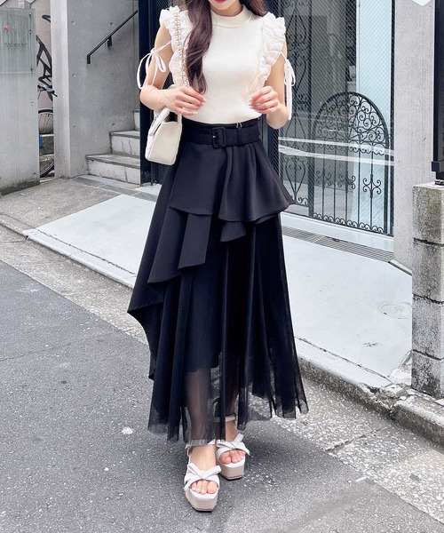 INGNI(イング)の「共ベルト付チュール切替アシメスカート(スカート・レディース・ブルー系6/ネイビー系/ブラック×ブラック/ベージュ系/グレー系その他6・FREE)」の10枚目の写真