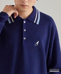 KANGOL（カンゴール）の「KANGOL/カンゴール 別注 ロゴ ワンポイント刺繍 ラインデザイン スウェットライクニット長袖ポロシャツ（ポロシャツ・メンズ）」