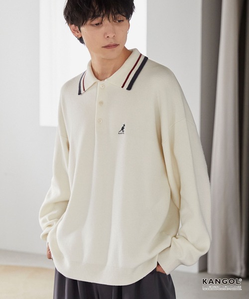 KANGOL(カンゴール)の「KANGOL/カンゴール 別注 ロゴ ワンポイント刺繍 ラインデザイン スウェットライクニットポロシャツ(ニット/セーター・メンズ・アッシュブラウン/杢グレー/オフホワイト/ネイビー/ブラック・L/M)」の2枚目の写真