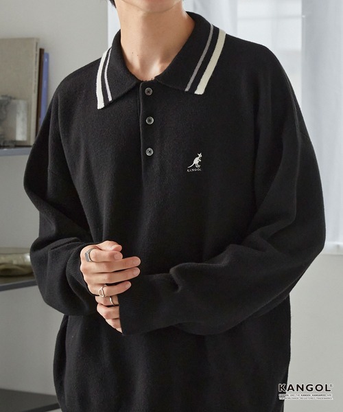 KANGOL(カンゴール)の「KANGOL/カンゴール 別注 ロゴ ワンポイント刺繍 ラインデザイン スウェットライクニットポロシャツ(ニット/セーター・メンズ・アッシュブラウン/杢グレー/オフホワイト/ネイビー/ブラック・L/M)」の1枚目の写真