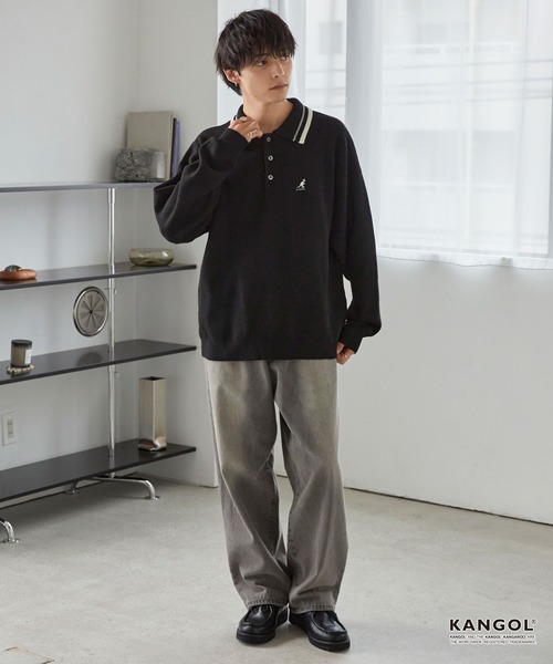KANGOL(カンゴール)の「KANGOL/カンゴール 別注 ロゴ ワンポイント刺繍 ラインデザイン スウェットライクニットポロシャツ(ニット/セーター・メンズ・アッシュブラウン/杢グレー/オフホワイト/ネイビー/ブラック・L/M)」の9枚目の写真