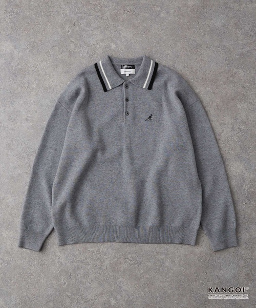 KANGOL(カンゴール)の「KANGOL/カンゴール 別注 ロゴ ワンポイント刺繍 ラインデザイン スウェットライクニットポロシャツ(ニット/セーター・メンズ・アッシュブラウン/杢グレー/オフホワイト/ネイビー/ブラック・L/M)」の17枚目の写真