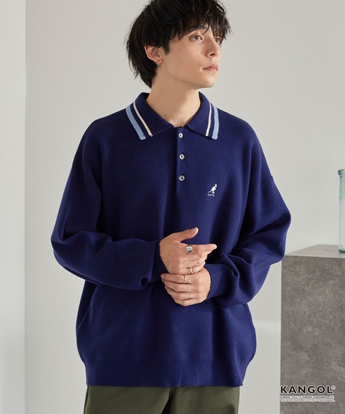 KANGOL ネイビー 長袖ポロシャツ KANGOL/カンゴール 別注 ロゴ ワンポイント刺繍 ラインデザイン