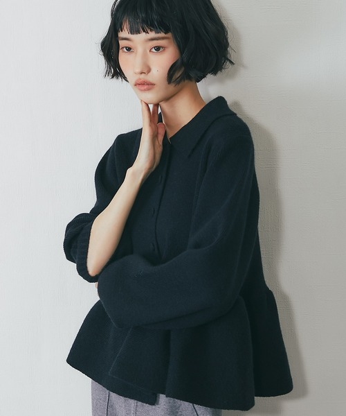 新品　黒いフリル刺繍カーディガン　オレボレブラ セール】フリルカラーホックデザイン ニットカーディガン