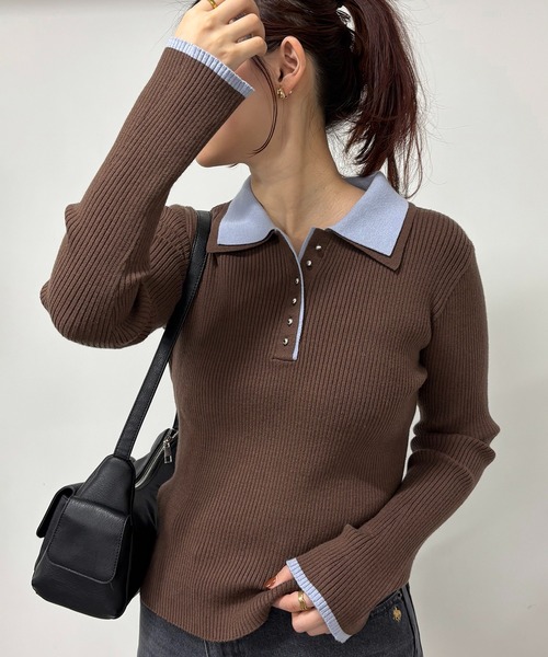 ダブルカラーニットトップス セール】ダブルカラーポロニットトップス（ニット/セーター）｜VIS