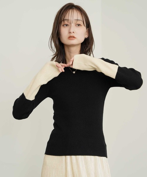 Bulue.(ブルー)の「【Bulue.】リブ編み配色ニット(ニット/セーター・レディース・アイボリー/ブラック/グレー/ブラウン・FREE)」の1枚目の写真