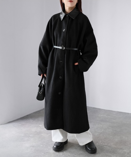 セール】ベルト付き襟フェイクレザーステンカラーコート（ステンカラー
