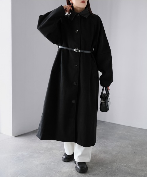 セール】ベルト付き襟フェイクレザーステンカラーコート（ステンカラー
