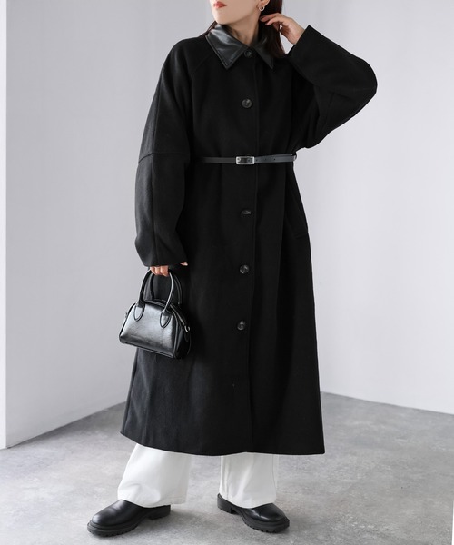 セール】ベルト付き襟フェイクレザーステンカラーコート（ステンカラー
