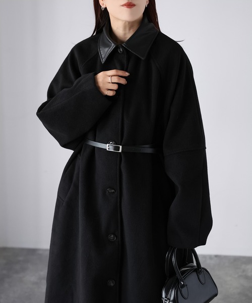 セール】ベルト付き襟フェイクレザーステンカラーコート（ステンカラー